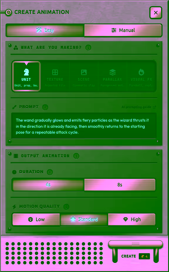 Animation generation dialog with prompt and settings