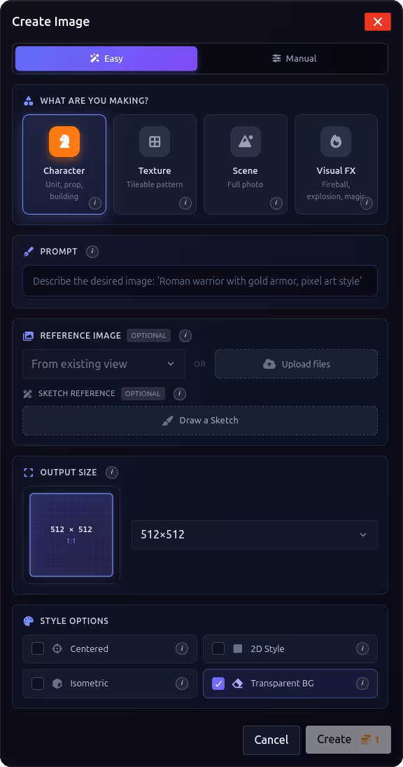 Gamelabs Studio image generation dialog with prompt and settings