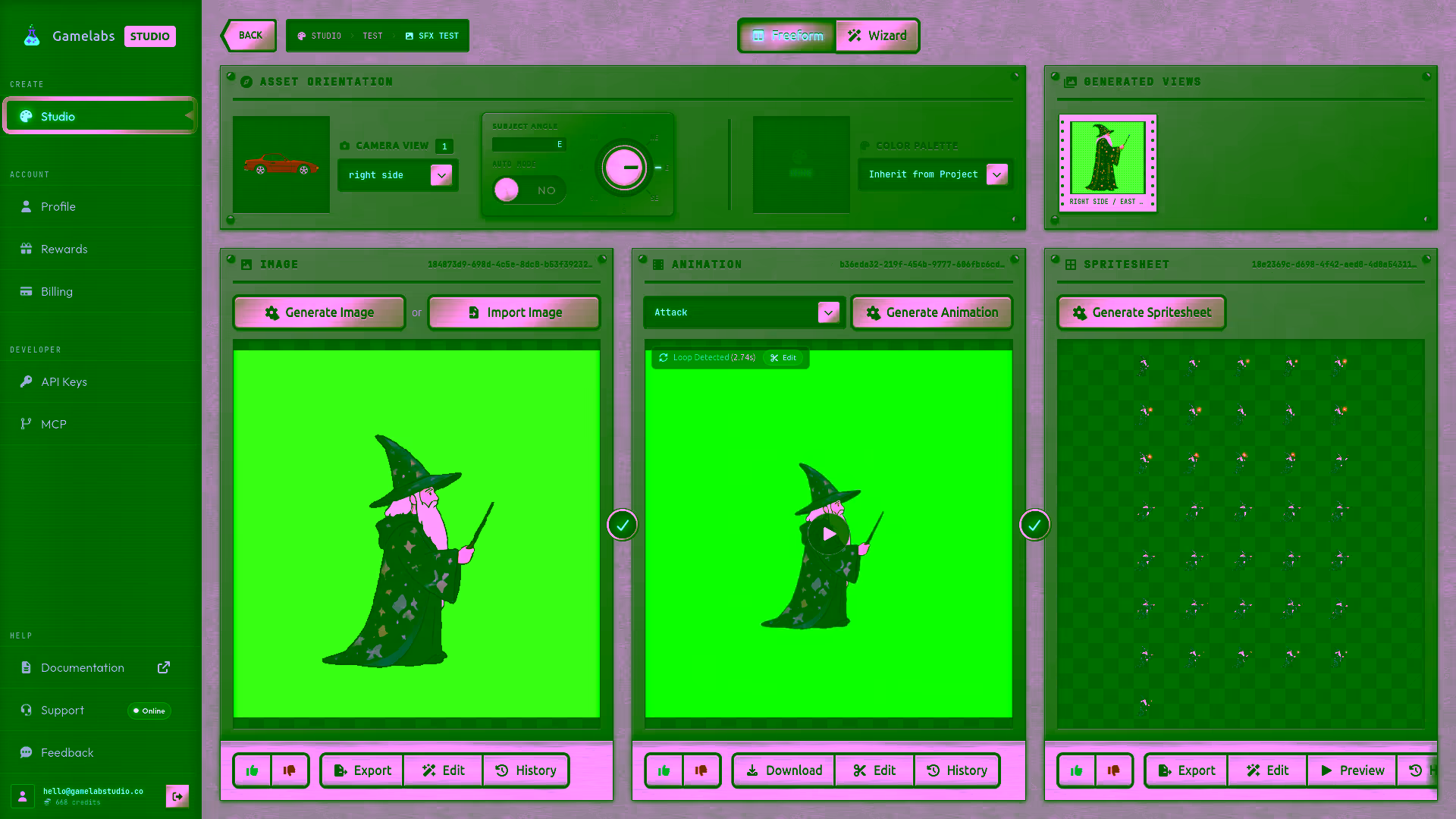 Gamelabs Studio asset page showing animation workflow