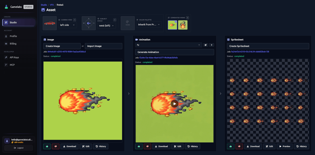 A Gamelabs Studio asset page showing image, animation, and sprite sheet stages